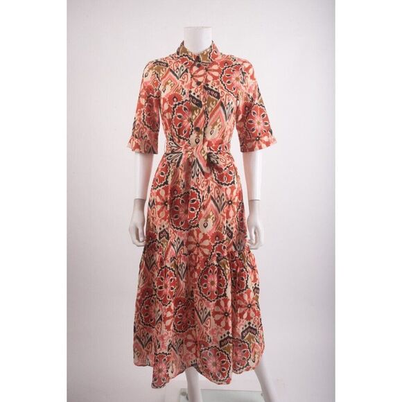 Zara Womans Shirt Dress Midi Size XS Orange Multicolor print Belted 5216/062 NWT - Picture 1 of 6